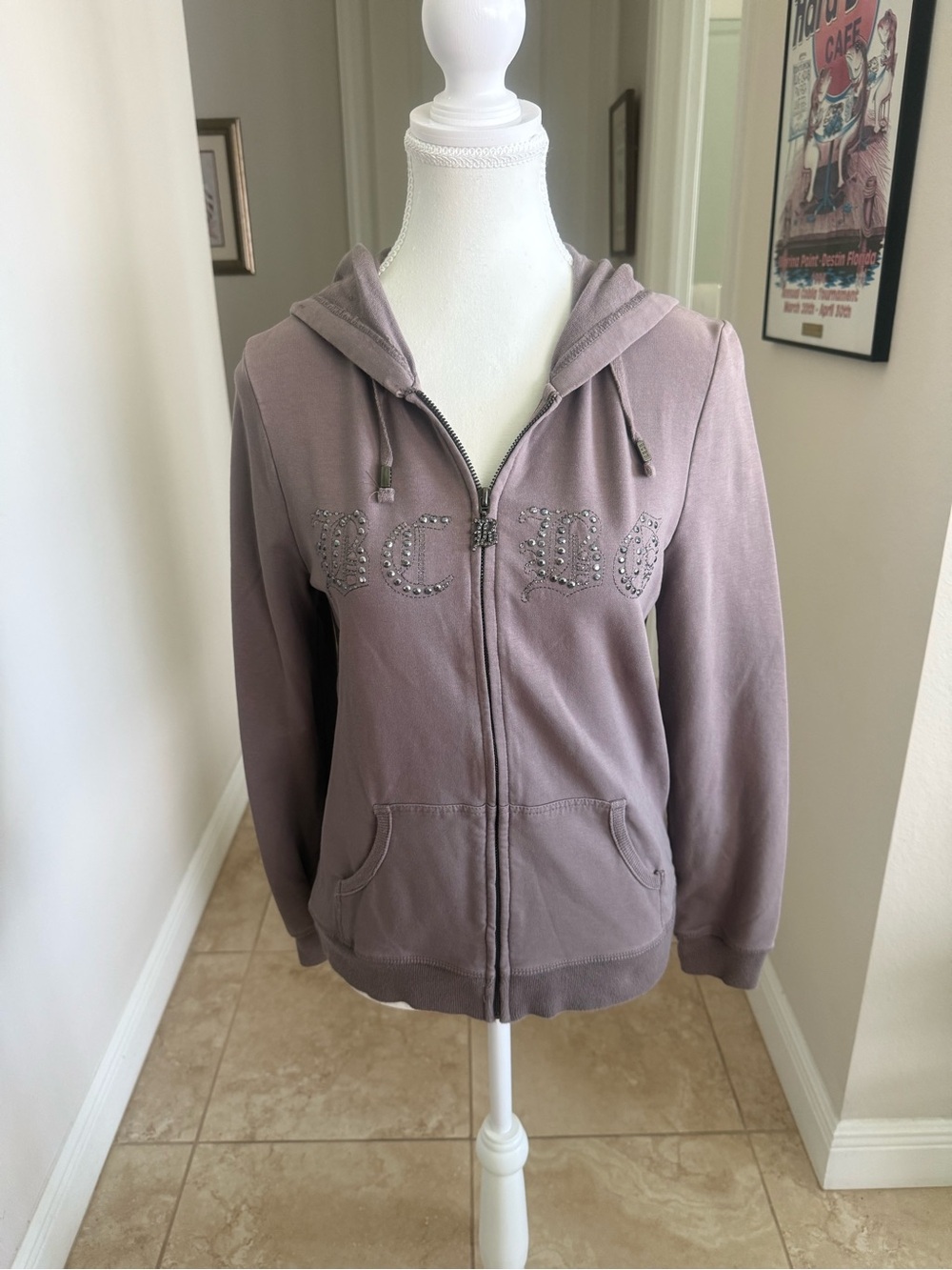 BCBG Studded/jeweled SOFT KNIT  Zip-Front Hooded Sweatshirt in Mauve